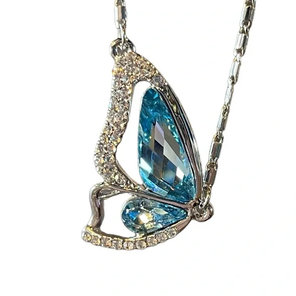Blue & Silver Crystal Butterfly Wing Necklace - Picture 7 of 9